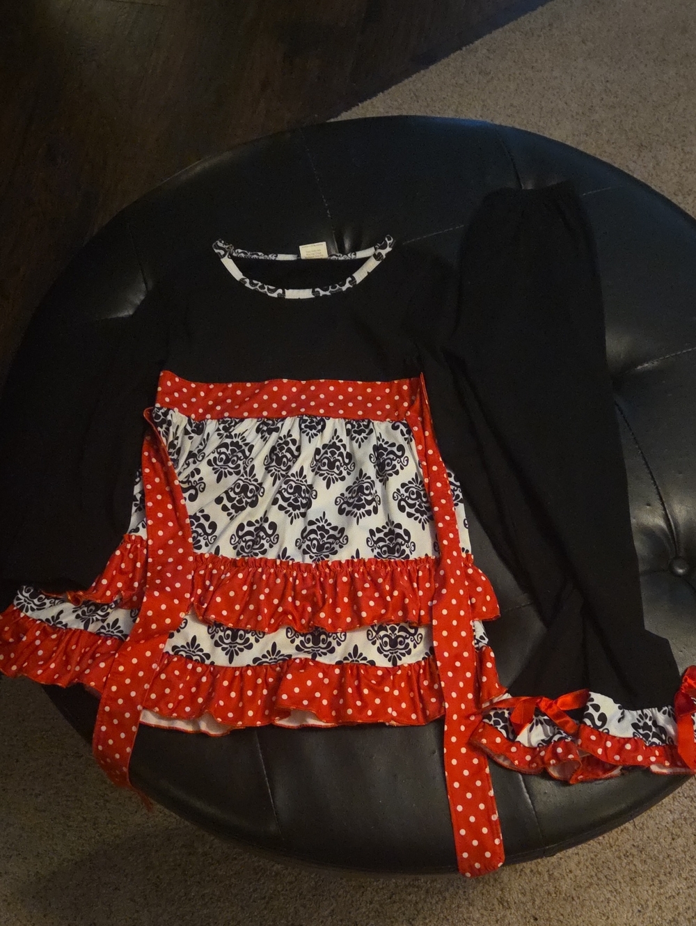 Girls Black Top with Red Polka Dot & Damask Ruffle Apron With Matching Leggings